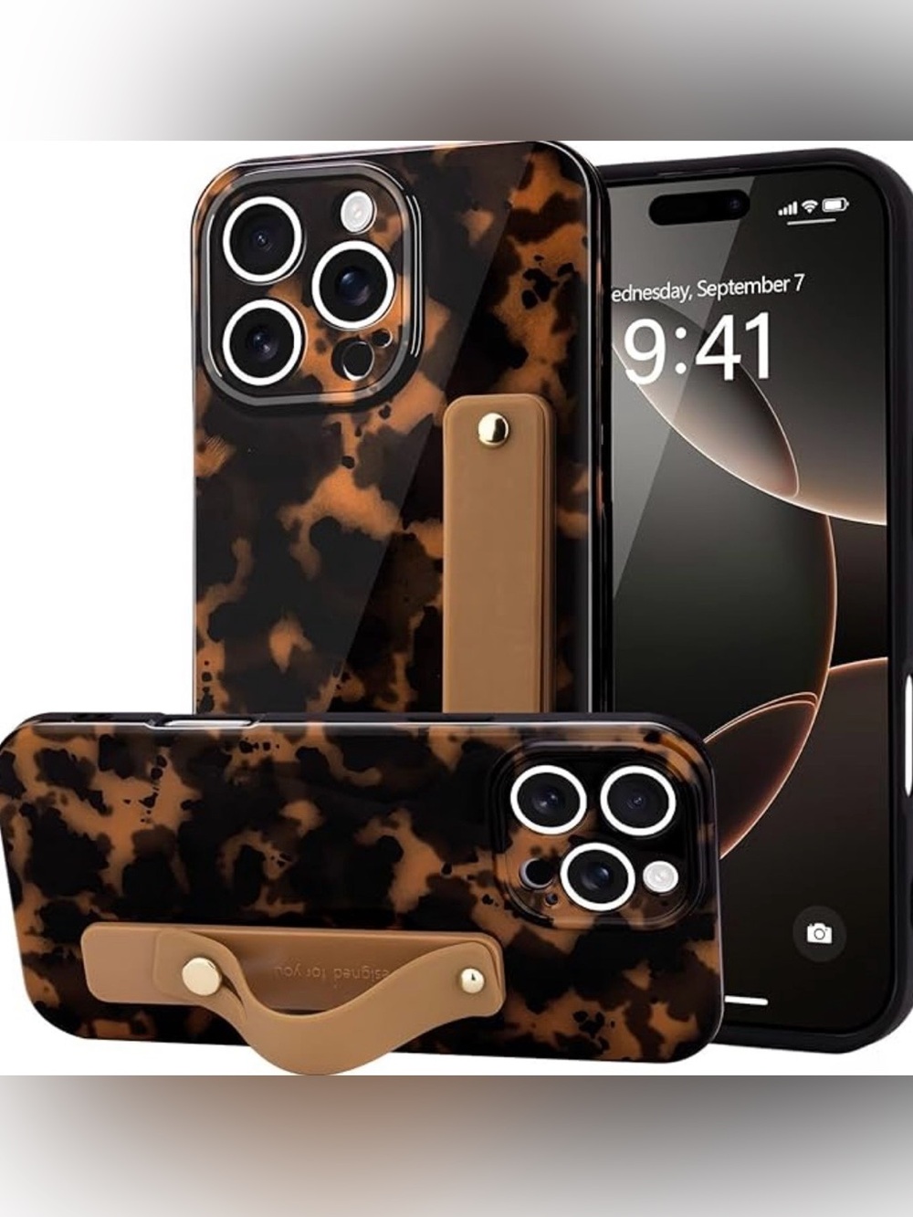 iPhone 16 Pro Tortoiseshell Grip Case with Brown Strap